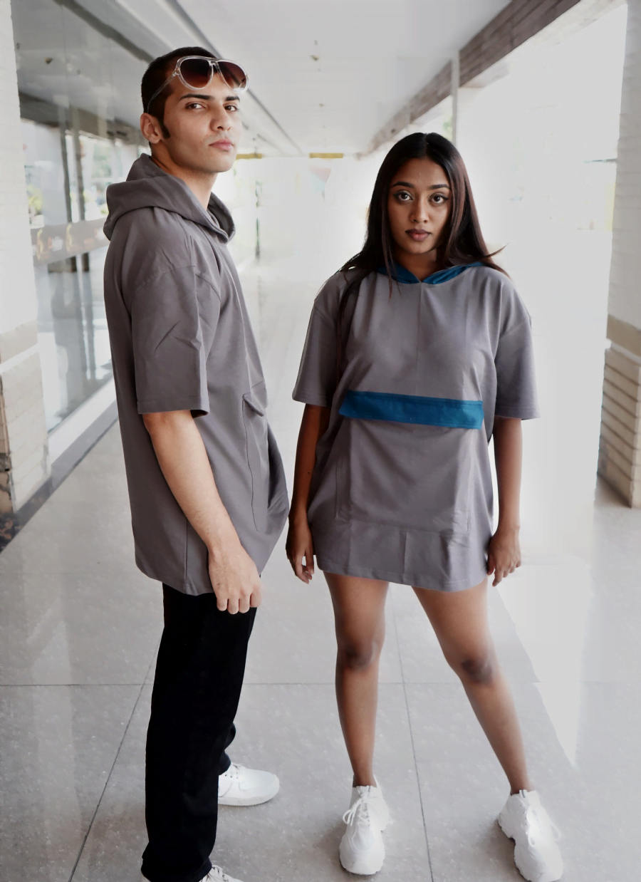 Grey Teal Blue Contrast Hoodie with Solid Option