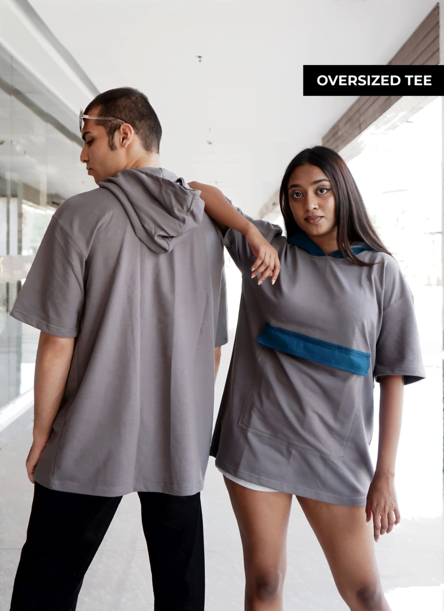 Grey Teal Blue Contrast Hoodie with Solid Option